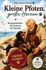 Kleine Pfoten, große Herzen. Kurzgeschichten für Senioren mit Dackeln. Illustration: Alter Mann am Strand mit drei Dackeln.