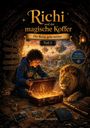 „Richi und der magische Koffer: Die Reise geht weiter, Teil 2“. Junge mit magischem Koffer, neben einem Löwen in einer Höhle.