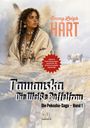 Text: "Emmy Leigh Hart", "T'auauska: Die Weiße Büffelfrau", "Die Pekosha-Saga – Band 1". Illustration einer Frau in traditioneller Kleidung mit einem Bison im Hintergrund.