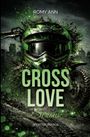Text: ROMY ANN, CROSS LOVE, Serious, SPORTSROMANCE. Ein grüner Motorradhelm mit Stadtsilhouette im Hintergrund.