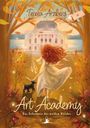„Teresa Arzberg. Art Academy: Das Geheimnis des weißen Kleides.“ Illustration: Mädchen mit Hund vor elegantem Gebäude.