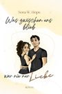 Text: "Nora W. Hope", "Was zwischen uns blieb", "war nie nur Liebe", "ROMAN". Illustration: Ein Paar umarmt sich.