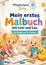 Titel: „Mein erstes Malbuch mit Leni und Leo“. Illustration: Zwei Kinder, Stoffhase, Spielzeugente zeichnen fröhlich.