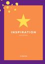 „INSPIRATION JOURNAL“. Orange Hintergrund, gelber Stern, violette Ränder, gelbe Spritzer oben links.