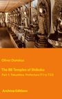 „Oliver Dunskus - The 88 Temples of Shikoku“ auf orangefarbenem Hintergrund; buddhistische Figuren in einer Reihe.