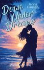"Down Under Dreams" von Jenna Hansen, "Wellen von uns". Illustration: Paar in Umarmung am Strand bei Sonnenuntergang.
