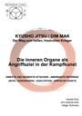 Text: "KYUSHO JITSU / DIM MAK. Der Weg zum heilen, friedvollen Krieger." Runde Pinselstrich-Illustration.