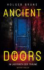 „ANCIENT DOORS“, „IM LABYRINTH DER TRÄUME“, „MYSTERY-THRILLER“. Eine alte blaue Tür in einem düsteren, rissigen Rahmen.