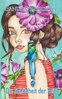Text: "Sandra Ruscello", "Die Schönheit der Zeit". Eine Frau mit Blumen und einem Vogel auf der Schulter, im Illustrationsstil.