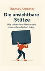 Titel: "Die unsichtbare Stütze" von Thomas Schröter. Eine Person trägt einen großen, dunkelblauen Block auf ihrem Rücken.