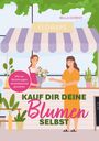 Zwei Personen bei einem Blumenstand mit Texten: "Kauf dir deine Blumen selbst", "FLOWERS", und "Wie wir Beziehungen stressbewusst gestalten".