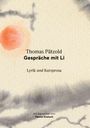 "Thomas Pätzold, Gespräche mit Li, Lyrik und Kurzprosa", Aquarellstil mit rotem Kreis und grauen Wolken.
