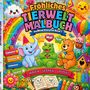 "Fröhliches Tierwelt Malbuch", "Freude", "Mut", "Spaß". Ein Elefant, Krokodil und Bär in einer bunten, fröhlichen Illustration.