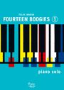 Text: „Felix Janosa, Fourteen Boogies 1, piano solo“. Illustration: Bunte Klaviertasten auf türkisem Hintergrund.