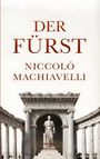 Text: "Der Fürst, Niccolò Machiavelli." Darunter eine antike Statue umgeben von Säulen.