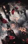 Titel: "A Sky Full of Nightmares". Rote Blätter schweben über einer düster gezeichneten, turmreichen Landschaft.