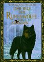Titel: "Der Ruf der Runenwölfe - Das Erwachen". Illustration: Schwarzer Wolf im Wald mit Runenmusterrahmen.