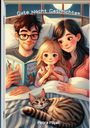 Oben steht „Gute Nacht Geschichten“, unten „Petra Pöpel“. Eine Familie liest im Bett eine Gute-Nacht-Geschichte mit Katze.