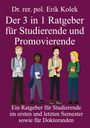 Titel: "Der 3 in 1 Ratgeber für Studierende und Promovierende”. Illustration: Vier lächelnde Leute mit Büchern.