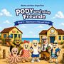 "PODY und seine Freunde" Band 2, Abenteuer in Kita und Schule. Fröhliche Cartoon-Figuren vor Kita und Schule.
