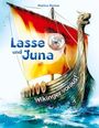 „Lasse und Juna“, „Wikinger voraus!“, rotes Segel, Wikinger-Schiff mit Drachenkopf, illustration mit Wellen.
