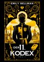 "Emily Bellman, Der 11. Kodex, Teil 1." Illustration eines Ritters vor einer mittelalterlichen Stadt mit Ornamenten.