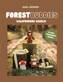 "Forest Buddies: Waldfreunde häkeln." Fünf gehäkelte Tiere und ein Pilz auf Baumstümpfen in einer Waldszene.