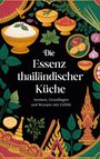 „Die Essenz thailändischer Küche: Aromen, Grundlagen und Rezepte mit Gefühl.“ Illustration mit traditionellen Schalen, Kräutern, Gewürzen und Mustern.