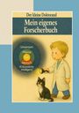 Text: "Der kleine Doktorand. Mein eigenes Forscherbuch." Illustration eines Kindes im Laborkittel mit einer Katze und Taschenlampe.