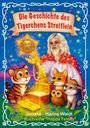 „Die Geschichte des Tigerchens Streiflein“ oben, mit Tieren, einer lächelnden Person, einem Schatz und Sternen verziert.
