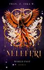 "FRAN. Z. ISKA W.", "NELEFERI", "WORLD PAST", "ROMAN". Ein feuriger Phönix erhebt sich vor einer kunstvollen Verzierung.