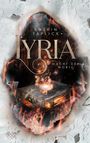 „Katrin Taplick. Iyria. Macht der Worte.“ Ein altes Buch umgeben von Flammen und schwebenden Musiknoten.