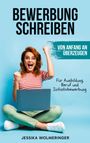 BEWERBUNG SCHREIBEN. Eine Frau jubelt mit Laptop.texte úber überzeugen und Bewerbungsarten. Autor: Jessika Wolmeringer.