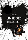 Text: „Rosa Mo - Linse des Grauens“. Schwarze Tintenflecke, Kameraobjektiv zeigt Licht.