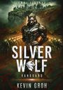 "Silver Wolf: Vanguard" von Kevin Groh. Eine futuristische, gepanzerte Figur mit Wolfselement, vor einer Armee und bizarren Felsenformationen.