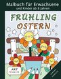 Malbuch für Erwachsene, FRÜHLING OSTERN, Illustration mit lächelnden Blumen und farbigen Stiften, Art Klassik, SANNAH HINRICHS.
