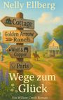 Schilder: Cottage, Golden Arrow Ranch, Wolf & Copper, Paris. Darunter "Wege zum Glück", ländliche Szene mit Haus und Reiter.