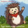 Text oben: "Geschichte Frank Müller"  
Text unten: "Iggi kann nicht schlafen"  
Illustration: Igel mit rotem Halstuch winkt, Hintergrund Pflanzen.