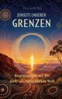 „Jenseits unserer Grenzen“, Illustration eines wandernden Menschen auf leuchtendem Pfad bei Sonnenuntergang, umgeben von Mustern.
