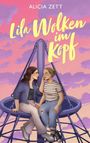 "Lila Wolken im Kopf" von Alicia Zett. Zwei Frauen sitzen lächelnd auf einem Karussell vor violettem Himmel.