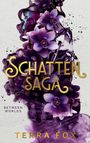 SCHATTEN SAGA, BETWEEN WORLDS, TERRA FOX. Lila Blumen, ein Skelettkopf und ein Schwert formen eine mystische Silhouette.