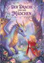 "Der Drache und das Mädchen" ist der Titel. Ein blau-glänzender Drache und ein blondes Mädchen in einem magischen Wald.