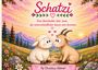 „Schatzi“ in geschwungener Schrift, darunter sitzen ein Lamm und eine Ziege in einer blumenreichen Berglandschaft.