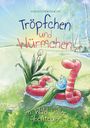 "Tröpfchen und Würmchen im Wald voller Abenteuer." Illustration: Ein Wurm und ein Tropfen im grünen Wald.