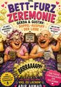 Titel: "Die Bett-Furz Zeremonie". Illustration mit zwei älteren Menschen lachend im Bett. Viele witzige Sprechblasen.