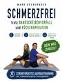 „Schmerzfrei trotz Bandscheibenvorfall und Rückenoperation“. Zwei Personen sitzen Rücken an Rücken auf einer Matte.