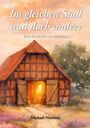 „Im gleichen Stall und doch anders“ oben, „Michael Nierentz“ unten. Illustration einer beleuchteten Scheune.
