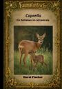 "Caprella: Ein Rehleben im Jahreskreis" von Horst Fischer. Mittig ein Reh mit Kitz in einer Wiese, umrahmt von kunstvoller Verzierung.