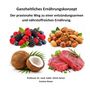 Ganzheitliches Ernährungskonzept. Beeren, Nüsse, Kokosnuss und rohes Fleisch auf weißem Hintergrund.