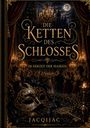 "Die Ketten des Schlosses", "Im Herzen der Masken", "JACQIJAC". Festlicher Ballsaal, Masken, Kronleuchter, roter Vorhang.